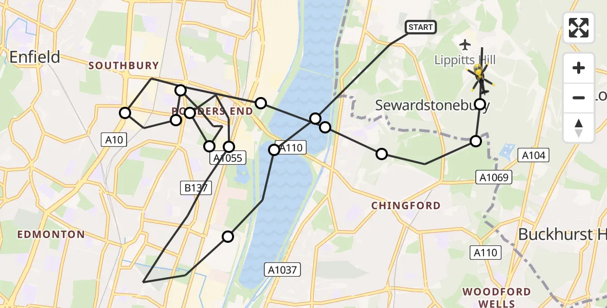 Flight route Police Helicopter Sewardstonebury - Sewardstonebury, 13 May 2026, 19:43