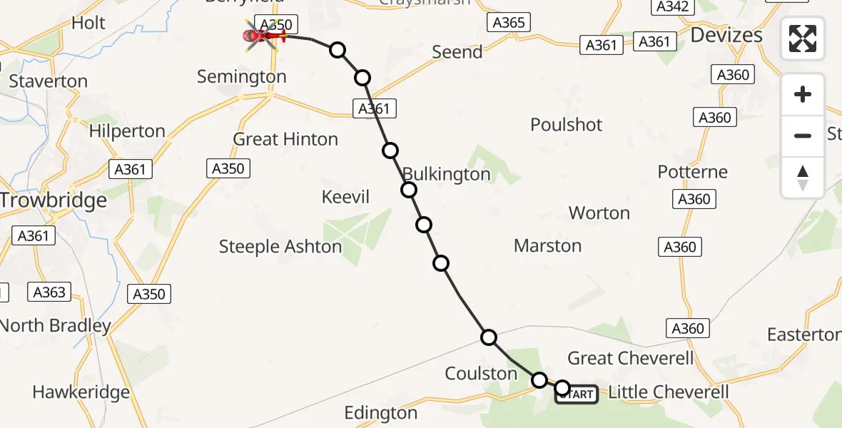 Flight route Air Ambulance Helicopter Erlestoke - Melksham, 13 May 2026, 19:48
