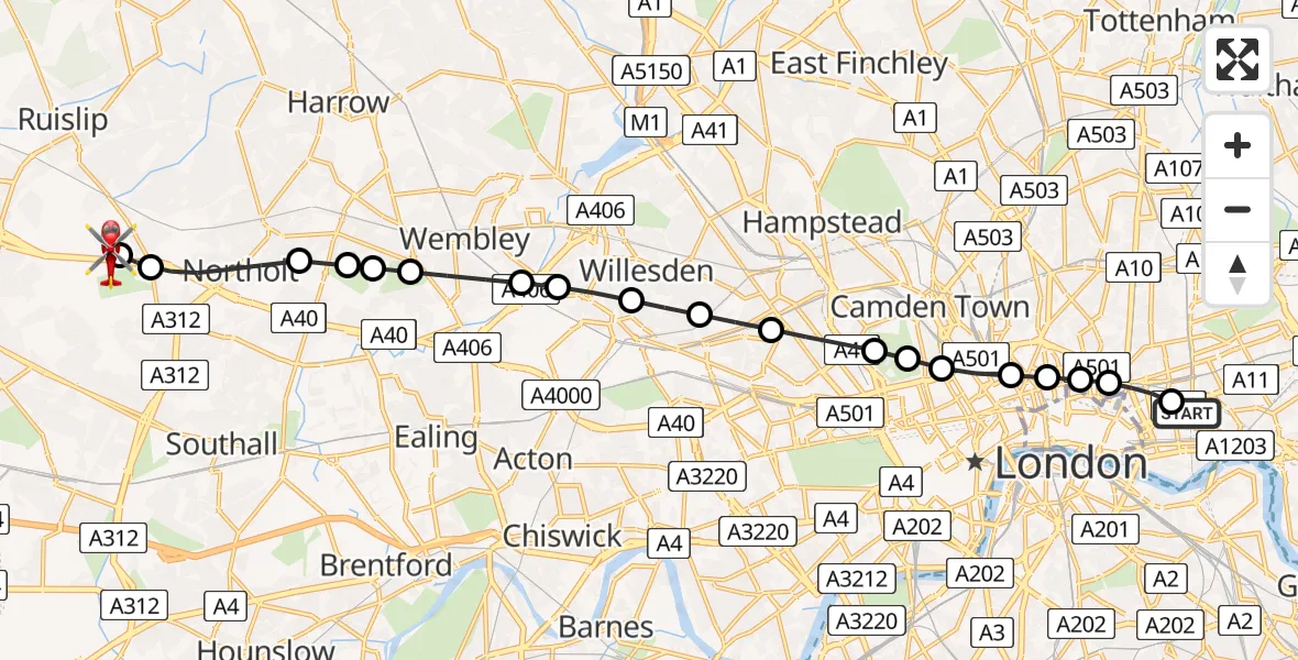 Flight route Air Ambulance Helicopter Royal London Hospital - RAF Northolt, 13 May 2026, 19:52
