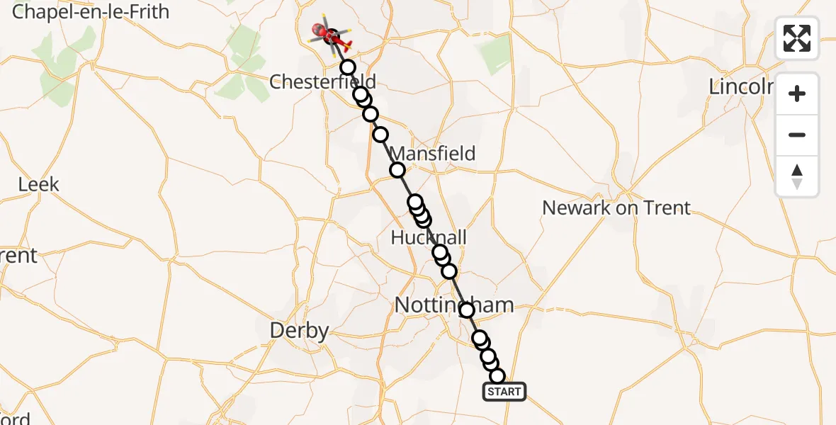 Flight route Air Ambulance Helicopter Widmerpool - Unstone, 13 May 2026, 19:58