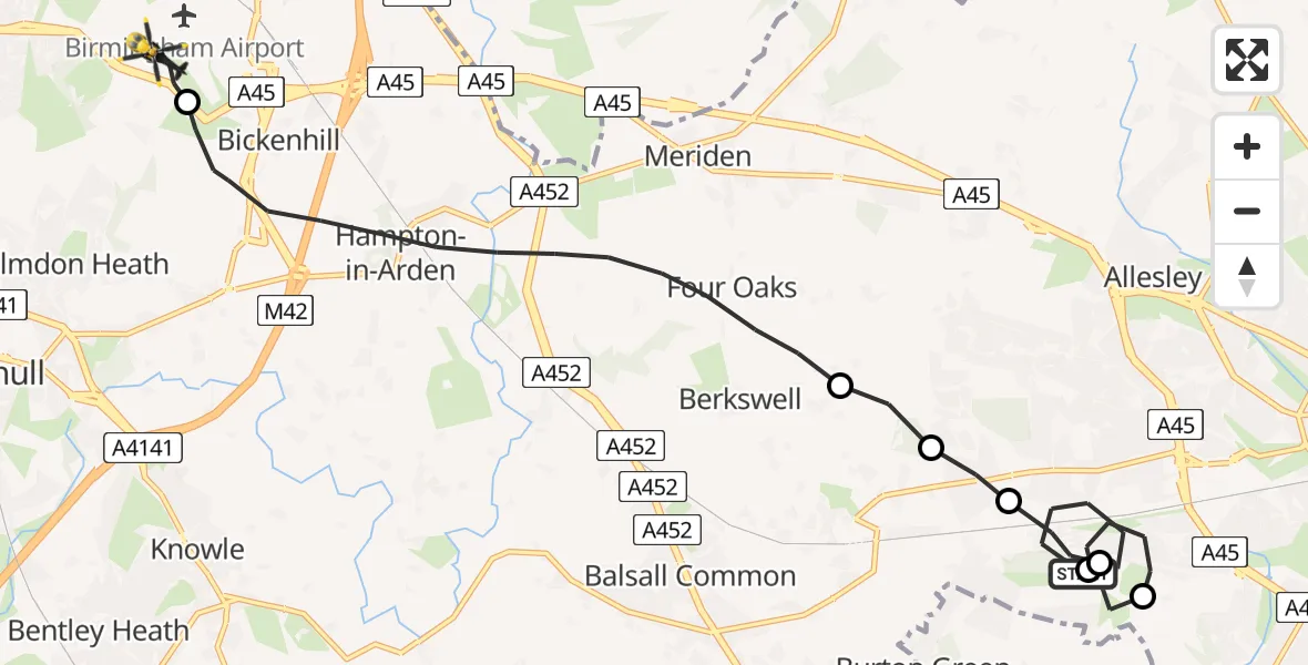 Flight route Police Helicopter Westwood Heath - Birmingham Airport, 13 May 2026, 20:09