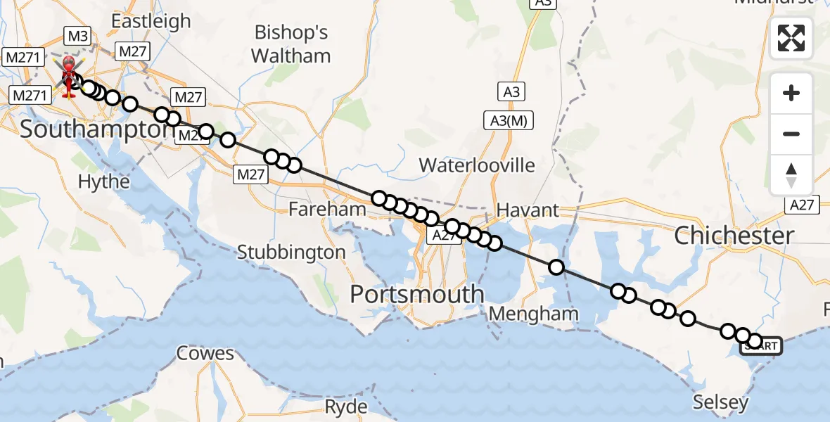 Flight route Air Ambulance Helicopter Pagham - University Hospital Southampton, 13 May 2026, 20:16