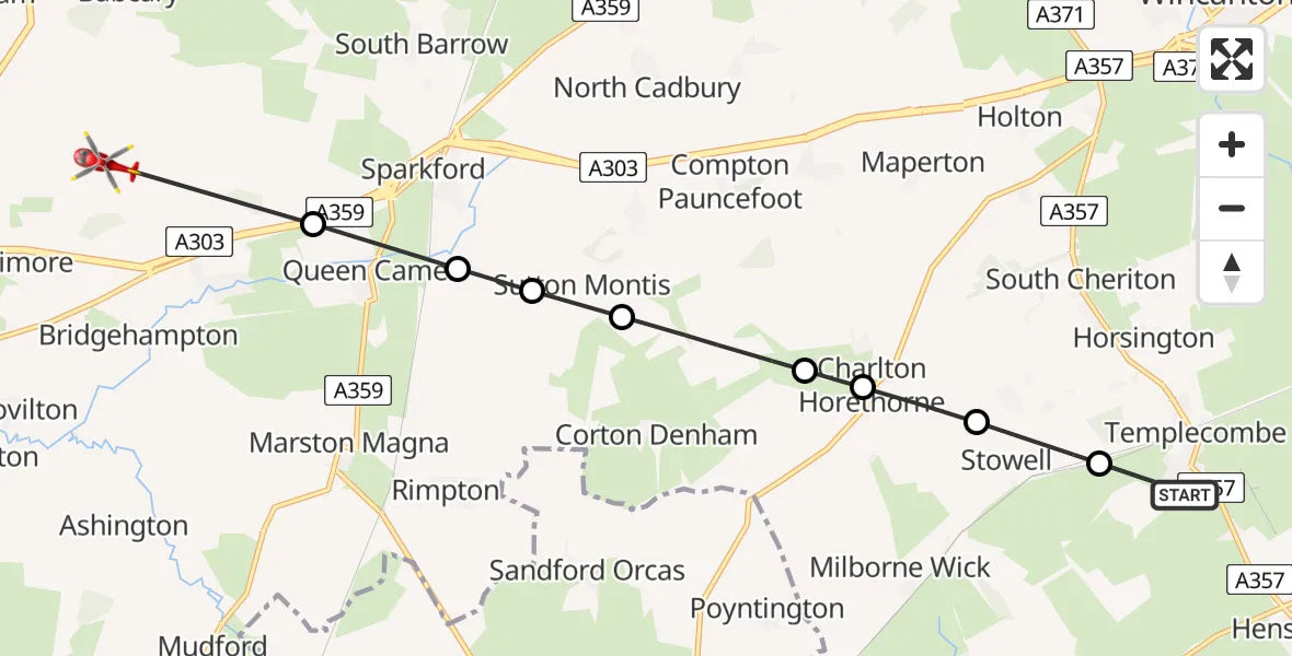 Flight route Air Ambulance Helicopter Templecombe - Charlton Mackrell, 13 May 2026, 20:18