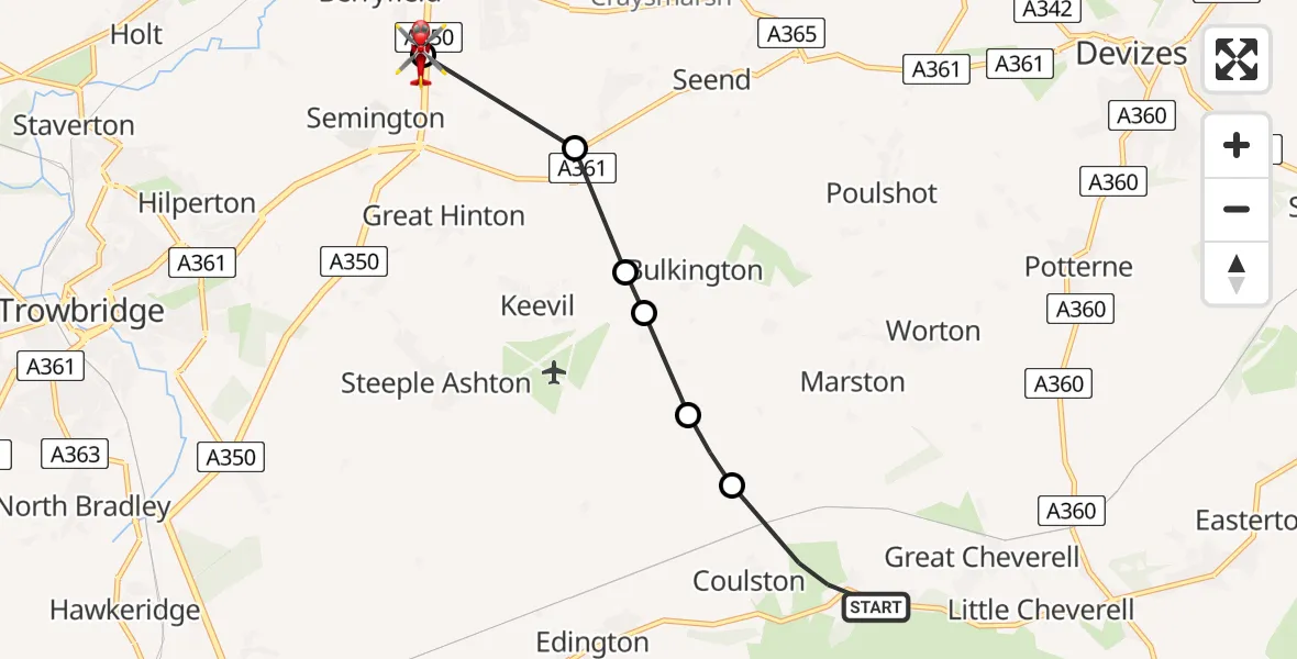 Flight route Air Ambulance Helicopter Erlestoke - Melksham, 13 May 2026, 20:25