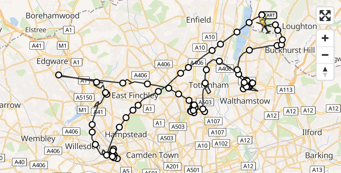 Flight route Police Helicopter Metropolitan Police Air Support Unit Lippitts Hill - Sewardstonebury, 13 May 2026, 20:34