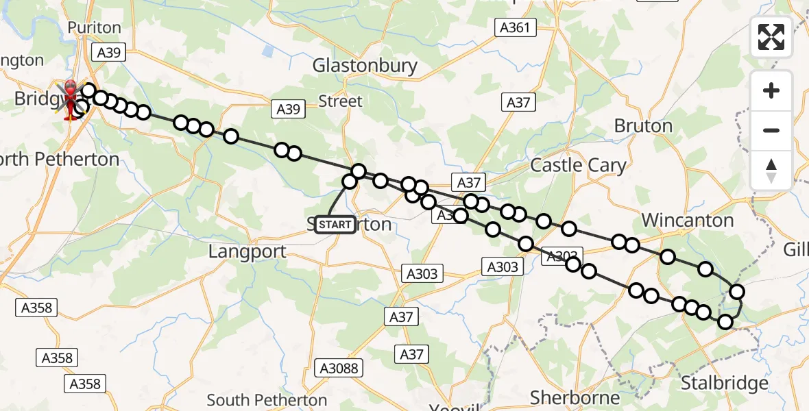 Flight route Air Ambulance Helicopter Somerton - Bridgwater, 13 May 2026, 20:35