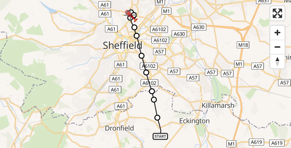 Flight route Air Ambulance Helicopter Unstone - Pitsmoor, 13 May 2026, 20:40