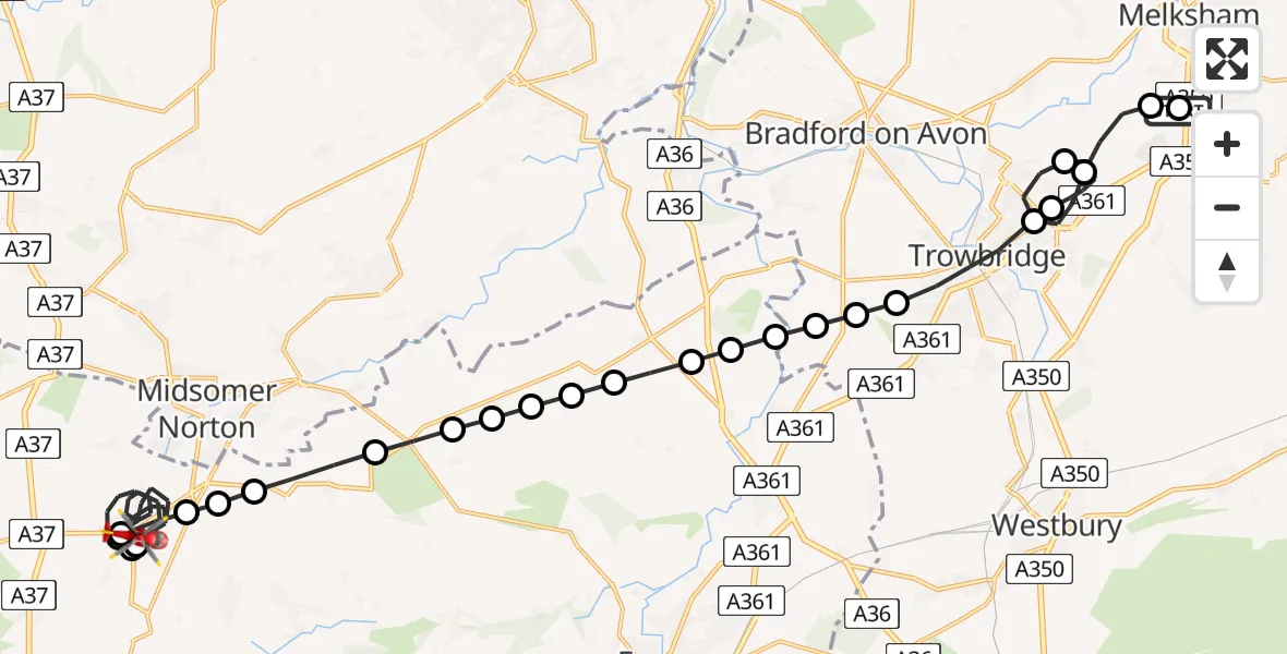 Flight route Air Ambulance Helicopter Wiltshire Air Ambulance - Chilcompton, 13 May 2026, 20:42