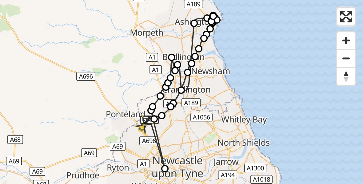 Flight route Police Helicopter Newcastle International Airport - Newcastle International Airport, 13 May 2026, 20:45