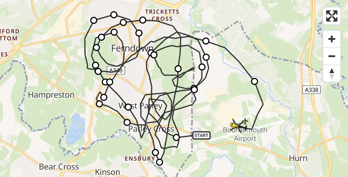 Flight route Police Helicopter Hurn - Bournemouth Airport, 13 May 2026, 20:53