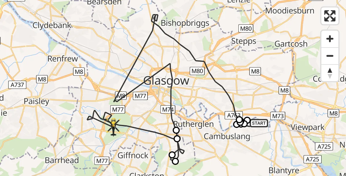 Flight route Police Helicopter Cambuslang - Glasgow, 13 May 2026, 20:55