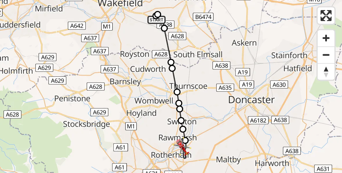 Flight route Air Ambulance Helicopter YAA Nostell Helicopter Port - Rotherham, 13 May 2026, 21:01
