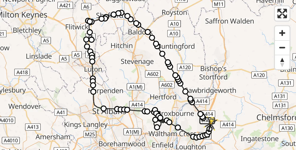 Flight route Police Helicopter North Weald Bassett - Coopersale, 13 May 2026, 21:05