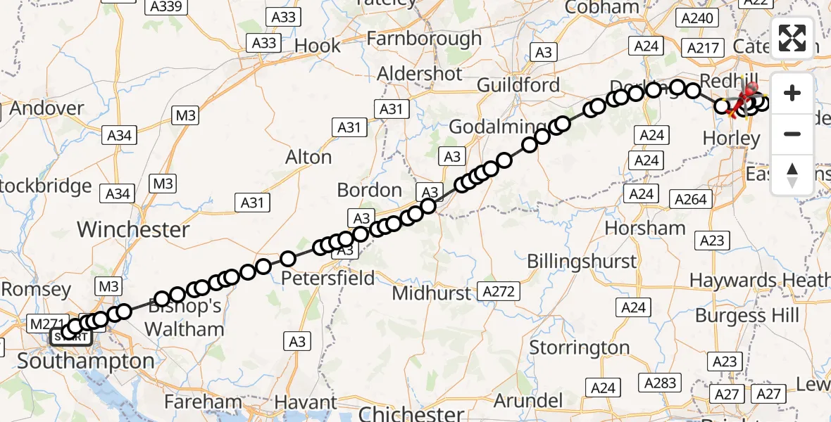 Flight route Air Ambulance Helicopter University Hospital Southampton - Redhill Aerodrome, 13 May 2026, 21:26