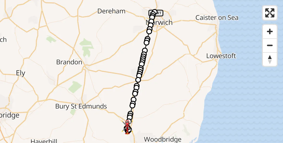 Flight route Air Ambulance Helicopter Norwich Airport - Creeting St Mary, 13 May 2026, 21:42
