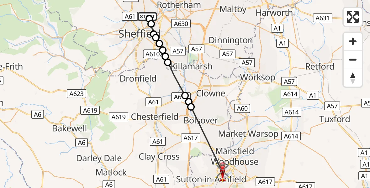 Flight route Air Ambulance Helicopter Page Hall - Mansfield, 13 May 2026, 21:46