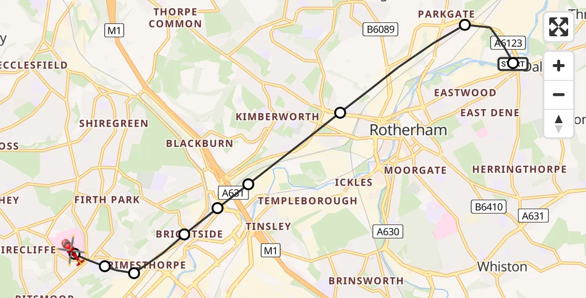 Flight route Air Ambulance Helicopter Rotherham - Sheffield Northern Hospital, 13 May 2026, 21:48