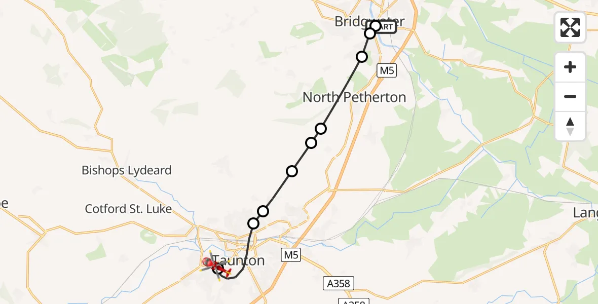 Flight route Air Ambulance Helicopter Bridgwater - Musgrove Hospital, 13 May 2026, 21:58