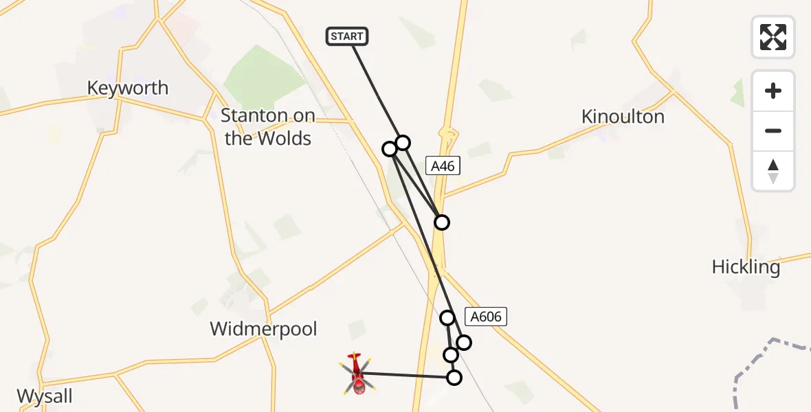 Flight route Air Ambulance Helicopter Stanton on the Wolds - Widmerpool, 13 May 2026, 21:59