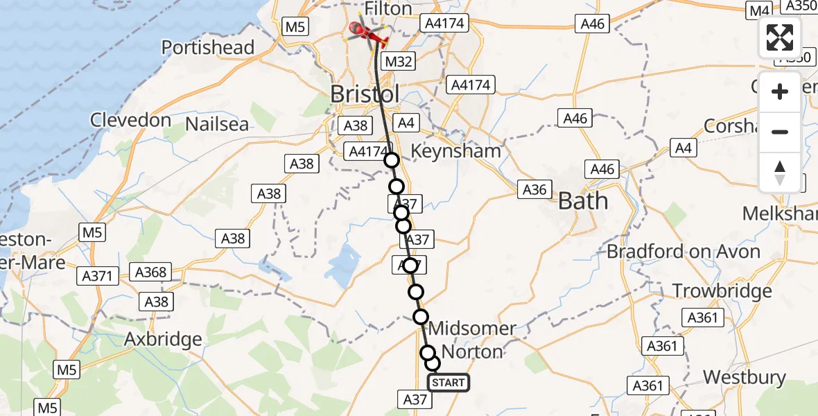 Flight route Air Ambulance Helicopter Chilcompton - Bristol, 13 May 2026, 22:20