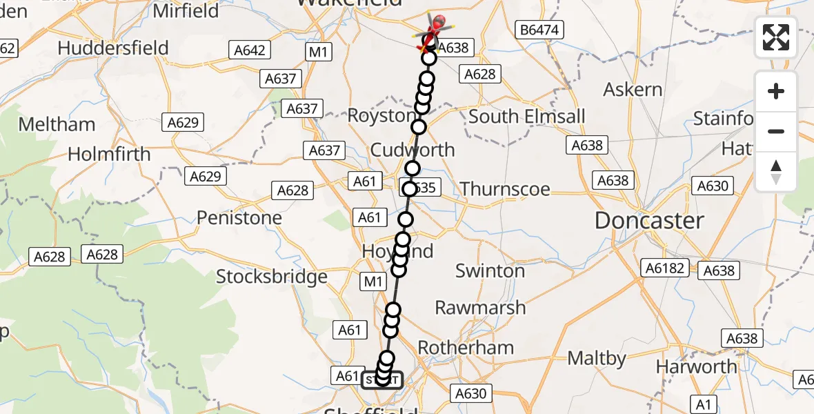 Flight route Air Ambulance Helicopter Sheffield Northern Hospital - YAA Nostell Helicopter Port, 13 May 2026, 22:22