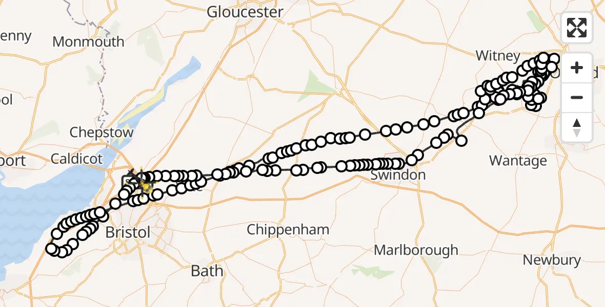 Flight route Police Helicopter Almondsbury - Almondsbury Helicopter Base, 13 May 2026, 22:29