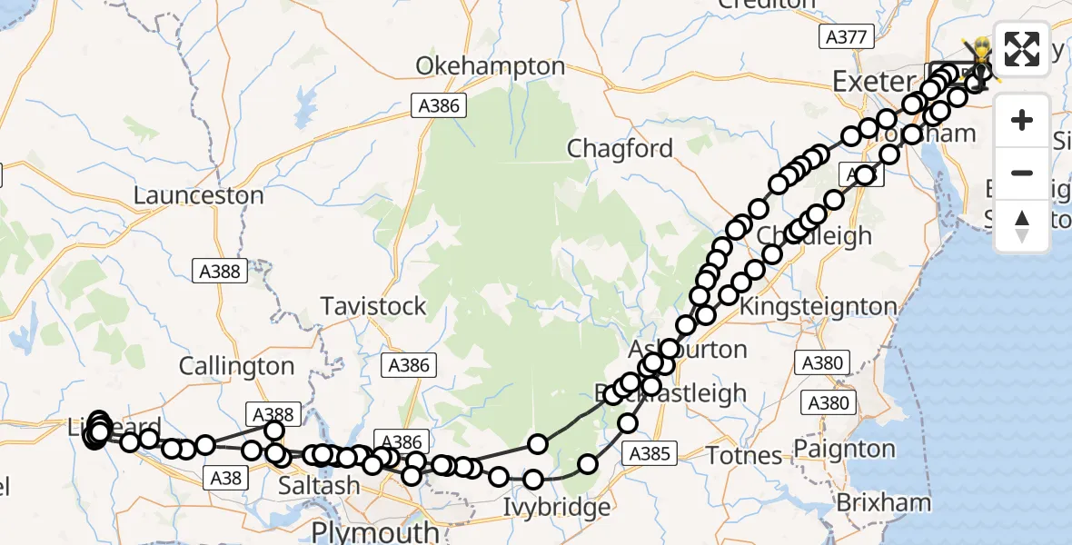 Flight route Police Helicopter Exeter International Airport - Rockbeare, 13 May 2026, 22:30