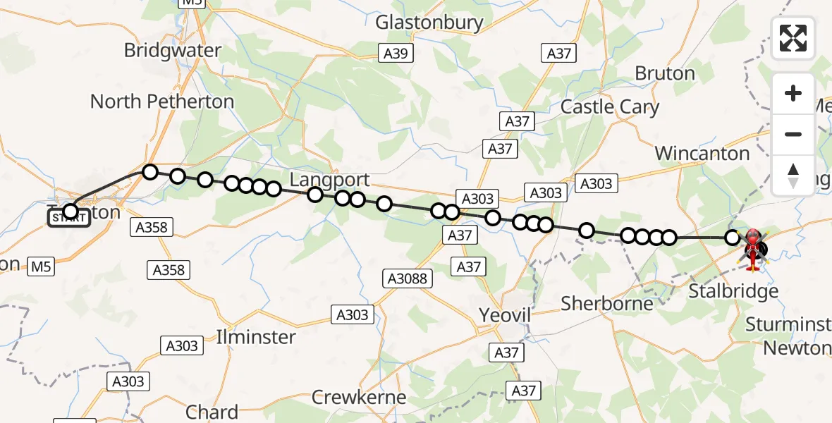 Flight route Air Ambulance Helicopter Musgrove Hospital - Henstridge Airfield, 13 May 2026, 22:41