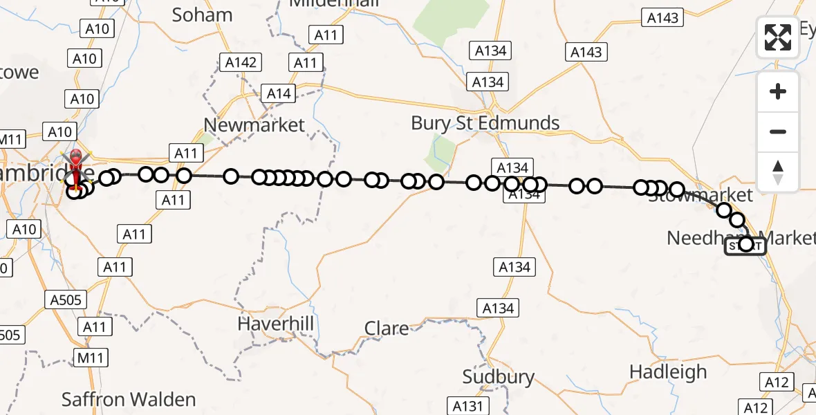 Flight route Air Ambulance Helicopter Needham Market - Cambridge City Airport, 13 May 2026, 22:54