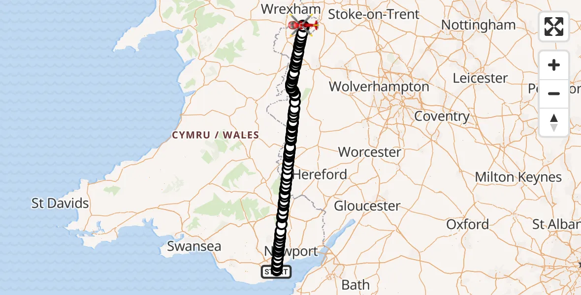 Flight route Air Ambulance Helicopter Cardiff Heliport - Penley, 13 May 2026, 23:05