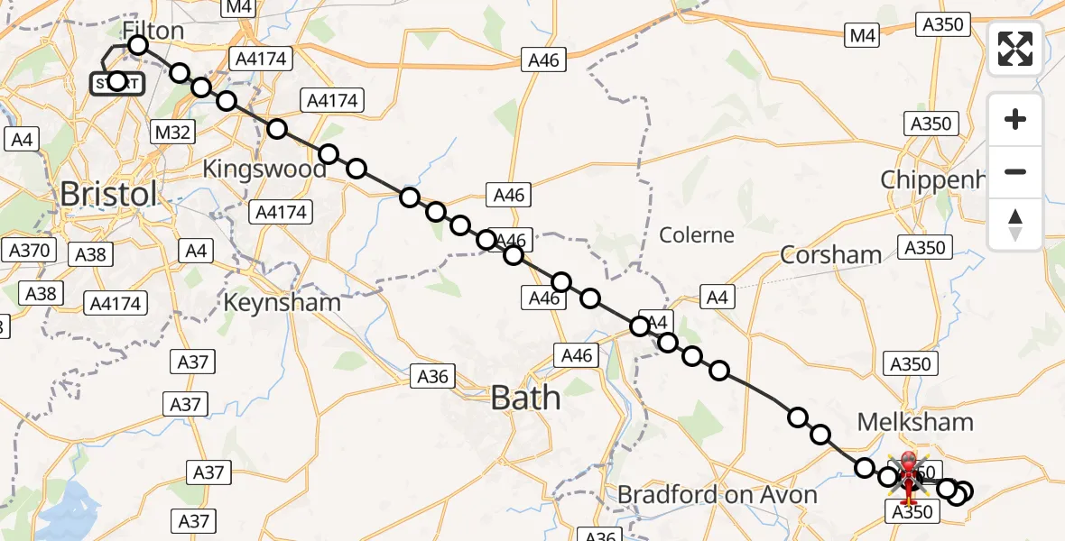 Flight route Air Ambulance Helicopter Southmead Hospital - Wiltshire Air Ambulance, 13 May 2026, 23:54