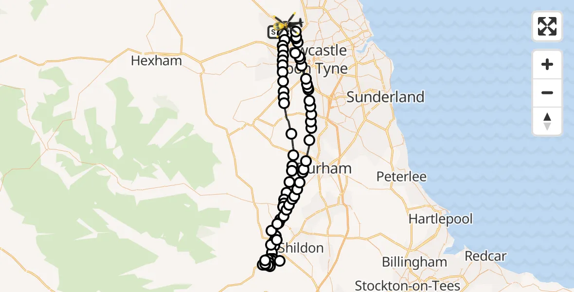 Flight route Police Helicopter Callerton - Woolsington, 14 May 2026, 00:17