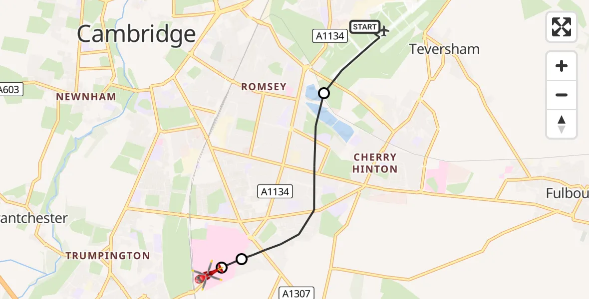 Flight route Air Ambulance Helicopter Cambridge City Airport - Papworth Hospital, 14 May 2026, 00:19