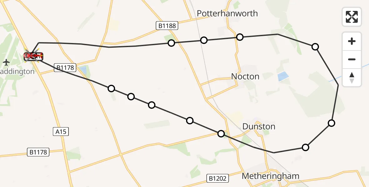 Flight route Air Ambulance Helicopter RAF Waddington - North Kesteven, 14 May 2026, 00:28