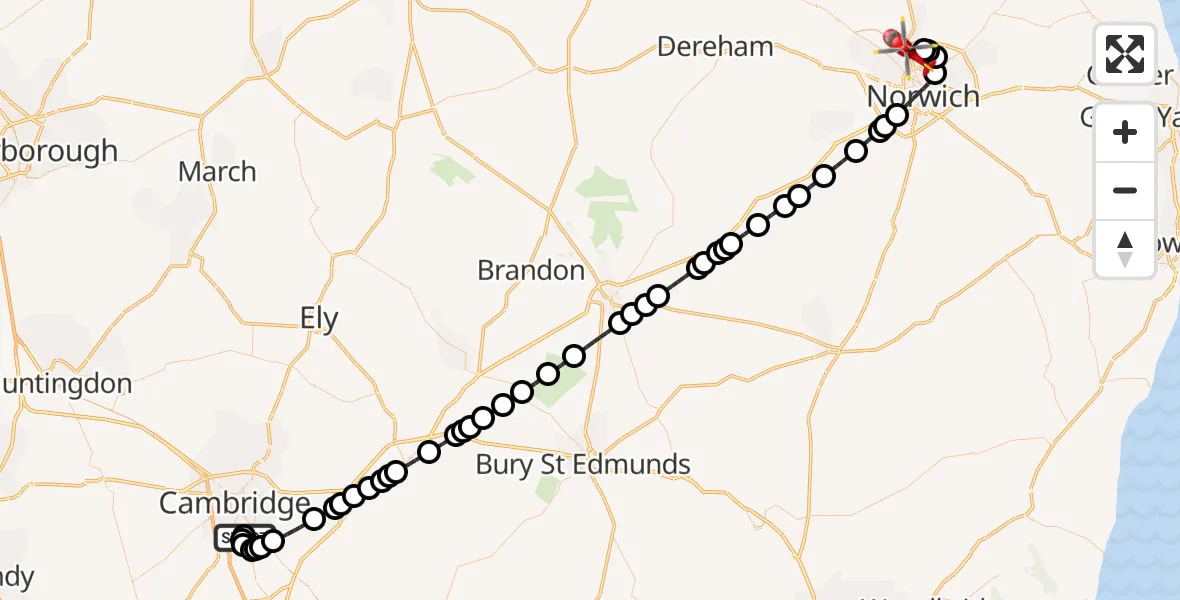 Flight route Air Ambulance Helicopter Papworth Hospital - Norwich Airport, 14 May 2026, 00:50