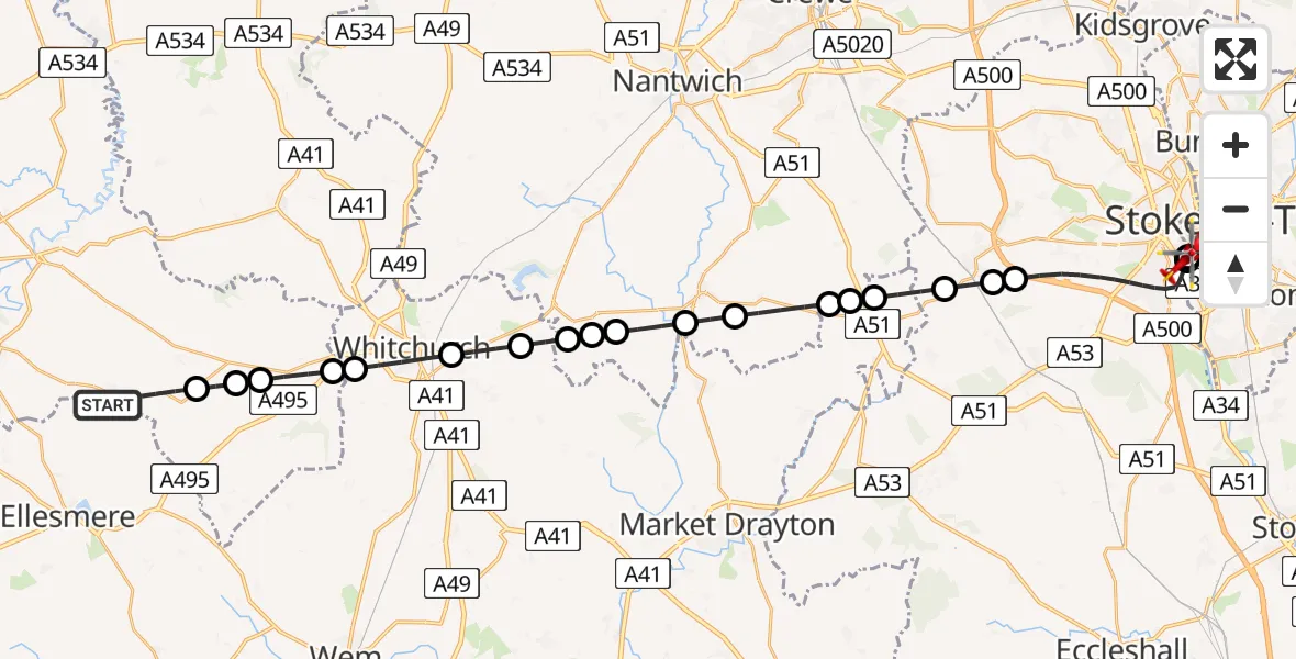 Flight route Air Ambulance Helicopter Penley - University Hospital North Staffs, 14 May 2026, 00:50