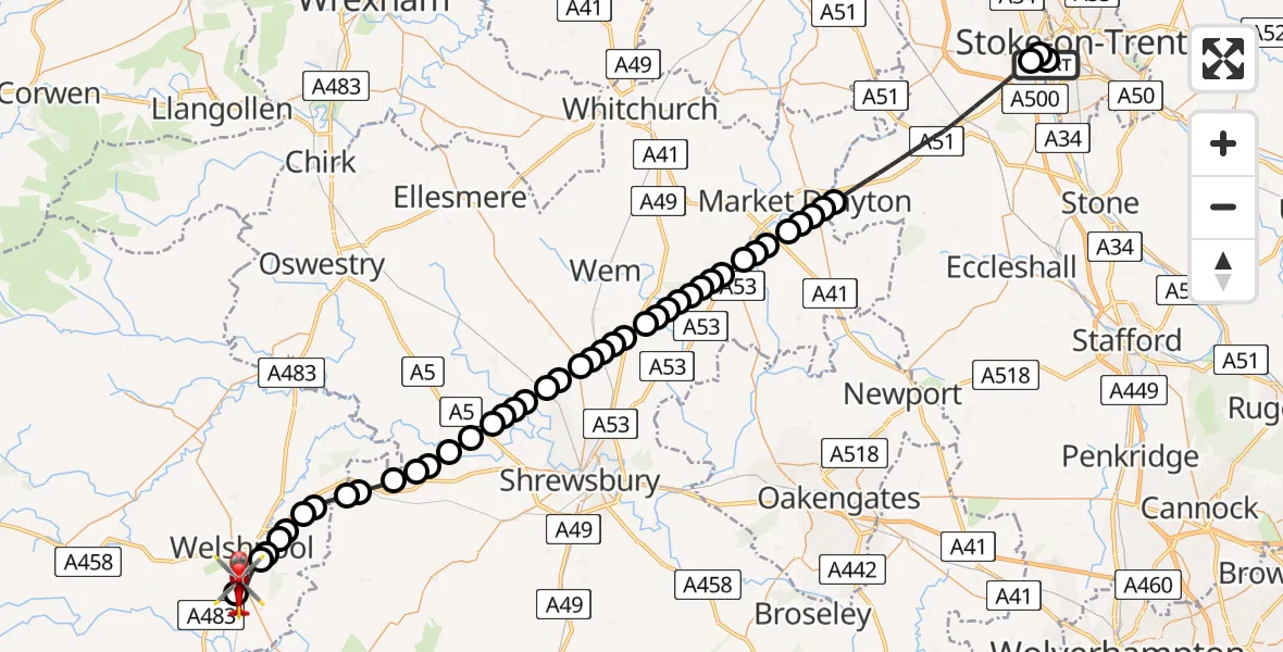 Flight route Air Ambulance Helicopter University Hospital North Staffs - Welshpool Airport, 14 May 2026, 01:39