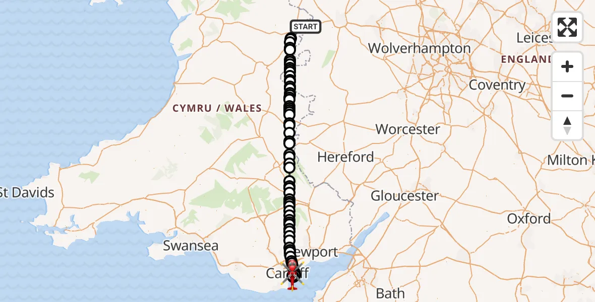 Flight route Air Ambulance Helicopter Middletown - Cardiff Heliport, 14 May 2026, 02:05
