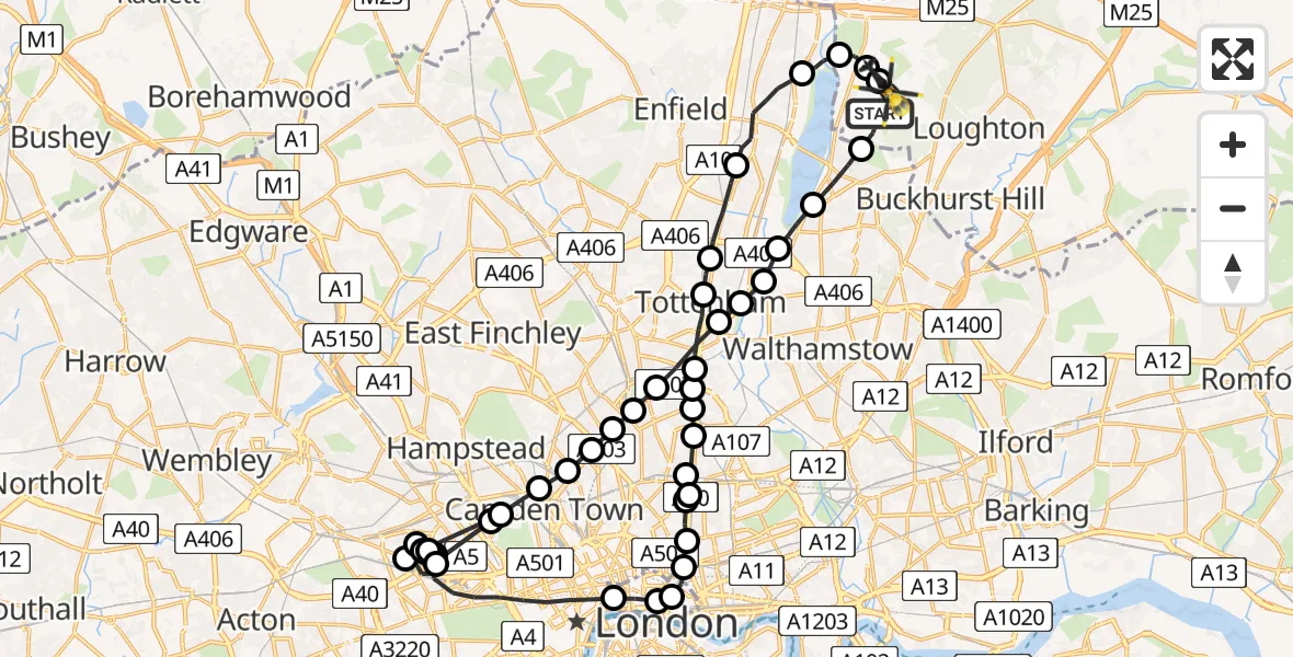 Flight route Police Helicopter Sewardstonebury - Sewardstonebury, 14 May 2026, 02:32