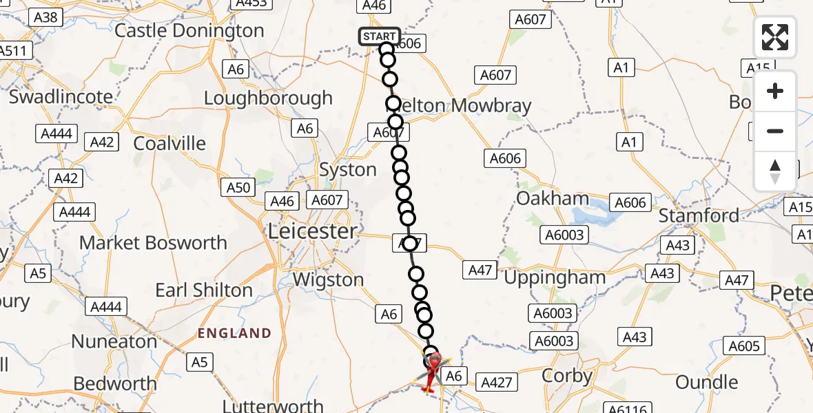 Flight route Air Ambulance Helicopter Rushcliffe - Market Harborough, 14 May 2026, 06:16