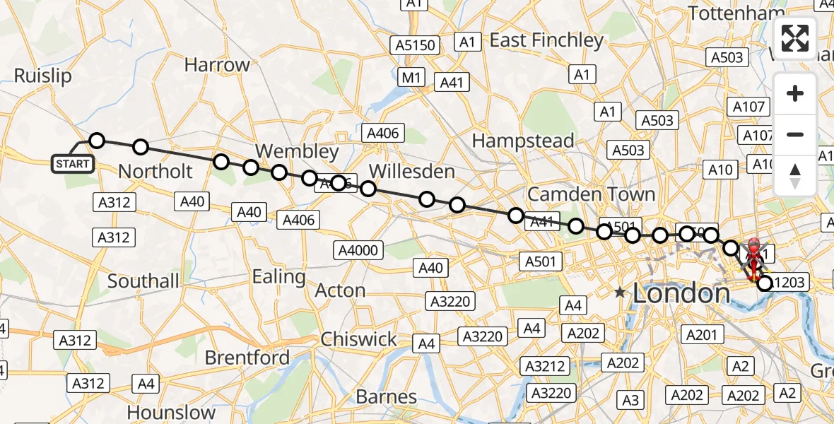 Flight route Air Ambulance Helicopter RAF Northolt - Royal London Hospital, 14 May 2026, 07:01