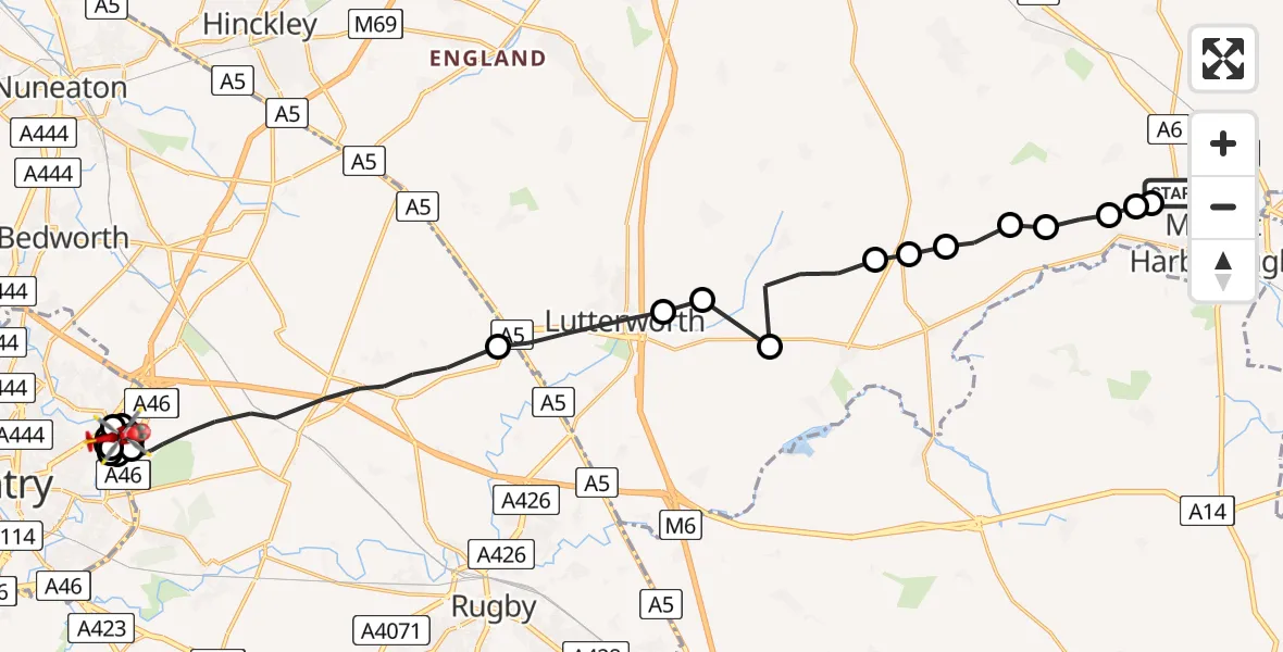 Flight route Air Ambulance Helicopter Market Harborough - Rugby, 14 May 2026, 07:13