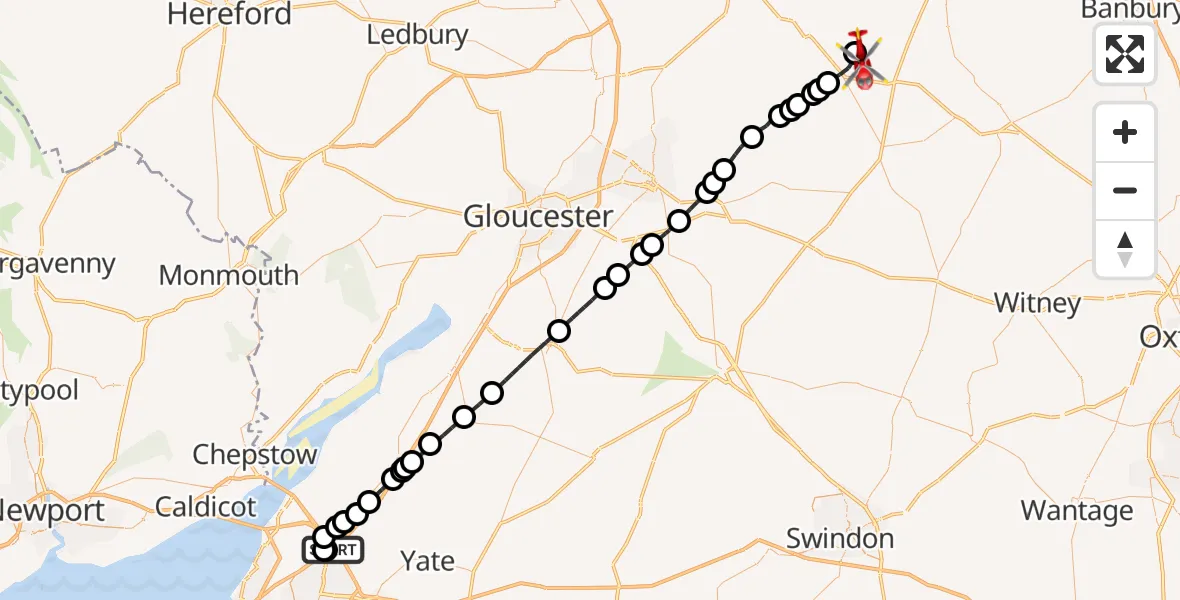 Flight route Air Ambulance Helicopter Almondsbury Helicopter Base - Blockley, 14 May 2026, 07:29