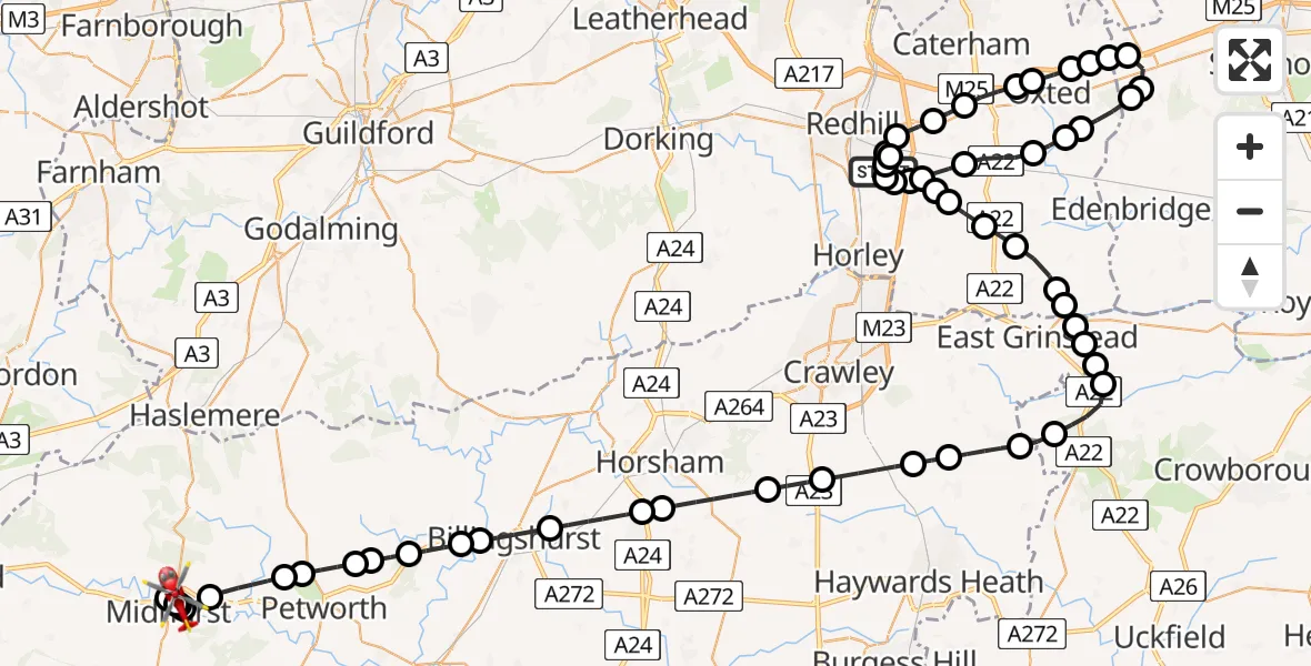 Flight route Air Ambulance Helicopter Redhill Aerodrome - Midhurst, 14 May 2026, 07:30