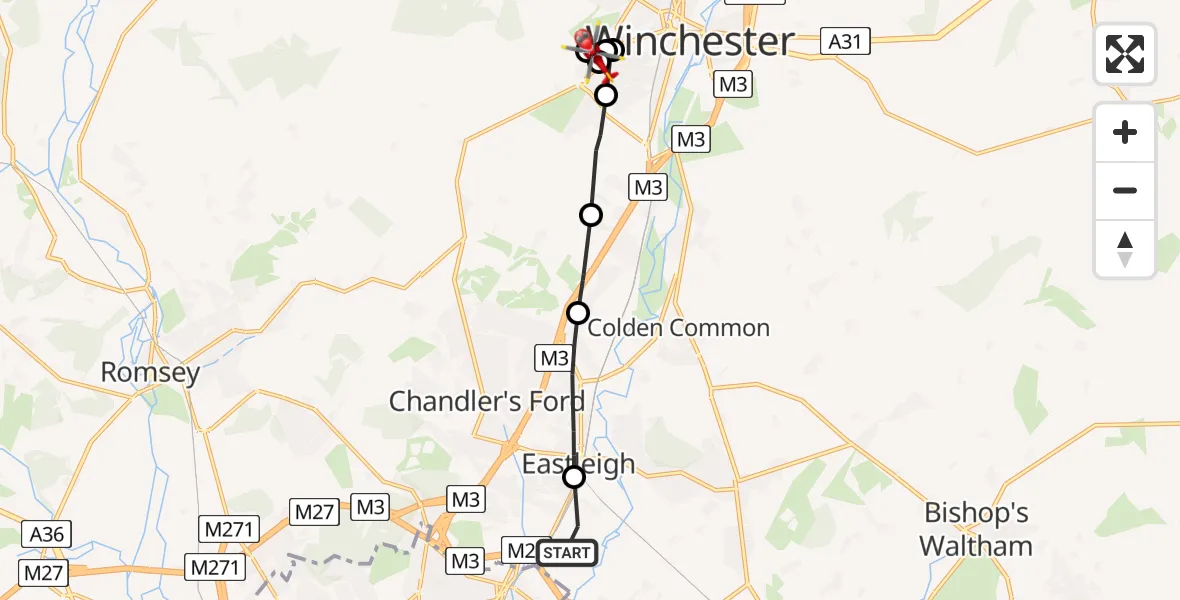 Flight route Air Ambulance Helicopter Southampton Airport - Hursley, 14 May 2026, 08:06