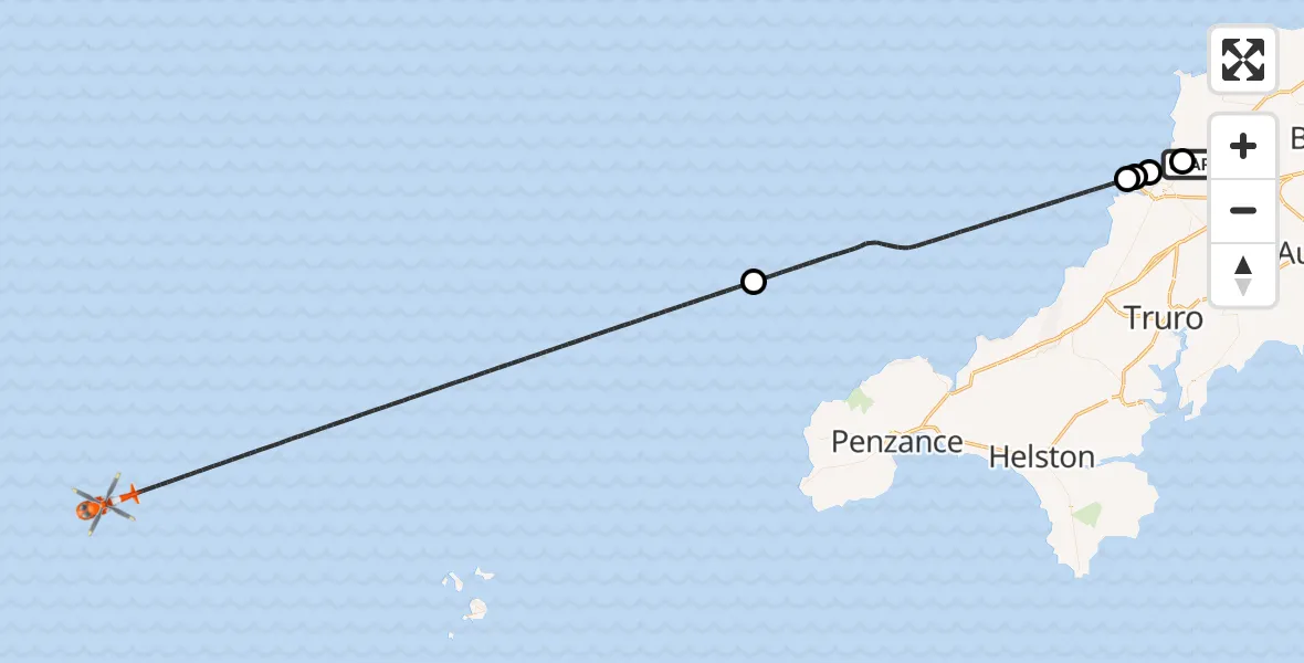 Flight route Coastguard Helicopter Cornwall Airport Newquay - North Atlantic Ocean, 14 May 2026, 08:22