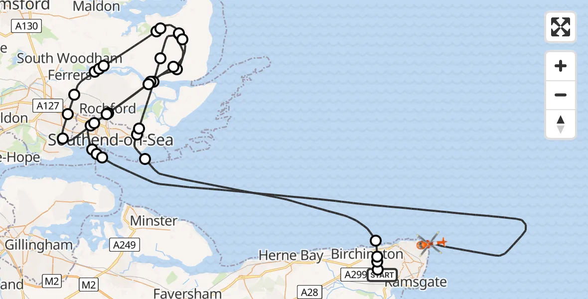 Flight route Coastguard Helicopter Manston Airport - North Sea, 14 May 2026, 08:28