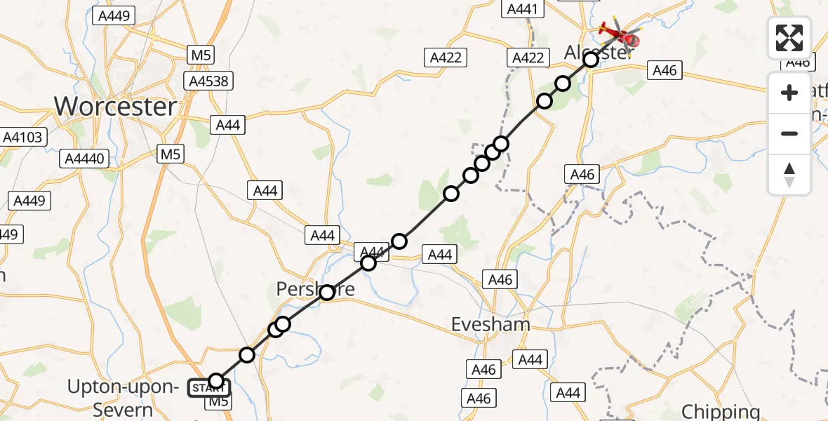Flight route Air Ambulance Helicopter Upper Strensham - Great Alne, 14 May 2026, 08:31