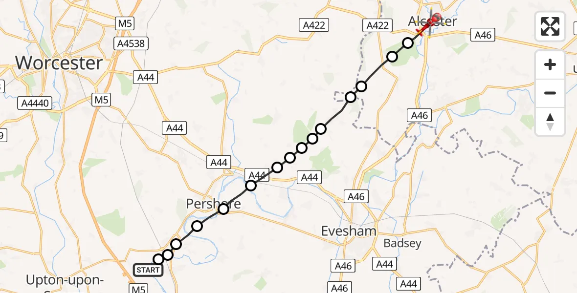 Flight route Air Ambulance Helicopter Defford - Alcester, 14 May 2026, 08:31