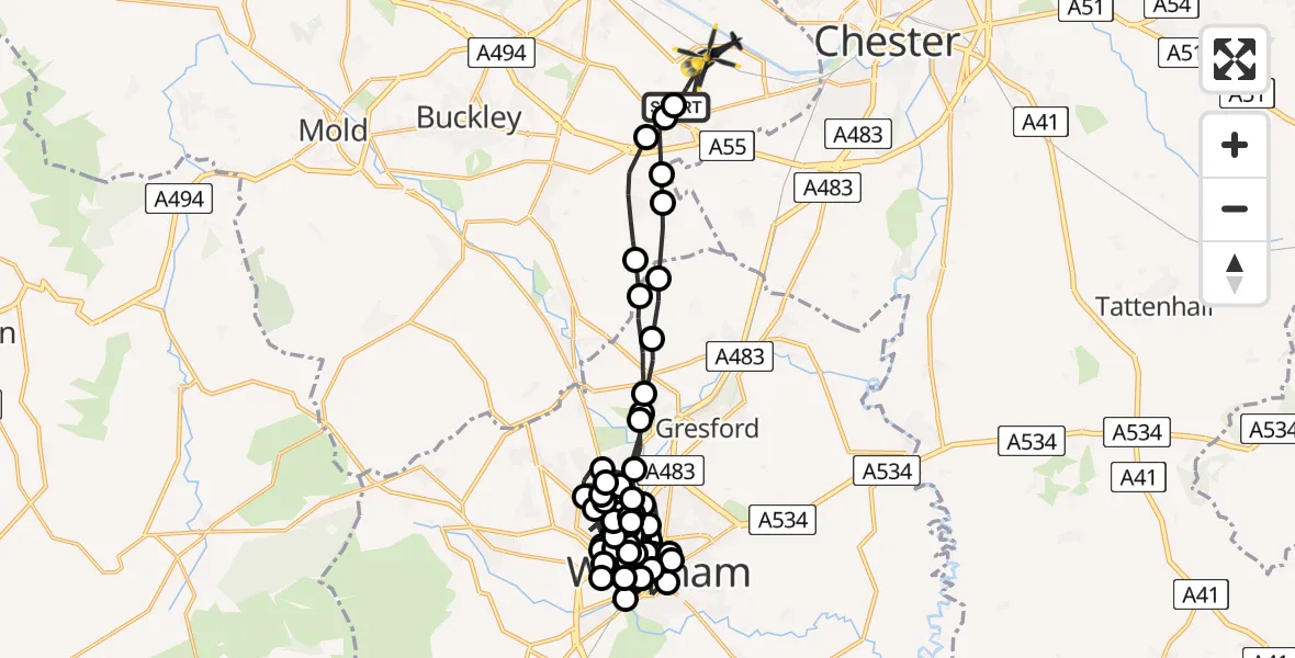 Flight route Police Helicopter Hawarden Airport - Saltney Ferry, 14 May 2026, 08:34